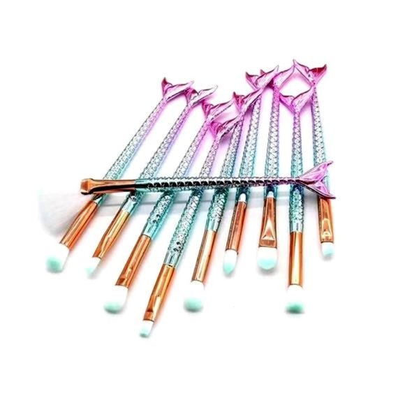 Makeup Brush Set 10Pcs Mermaid Tail (Teal & Pink) - Picture 1 of 2
